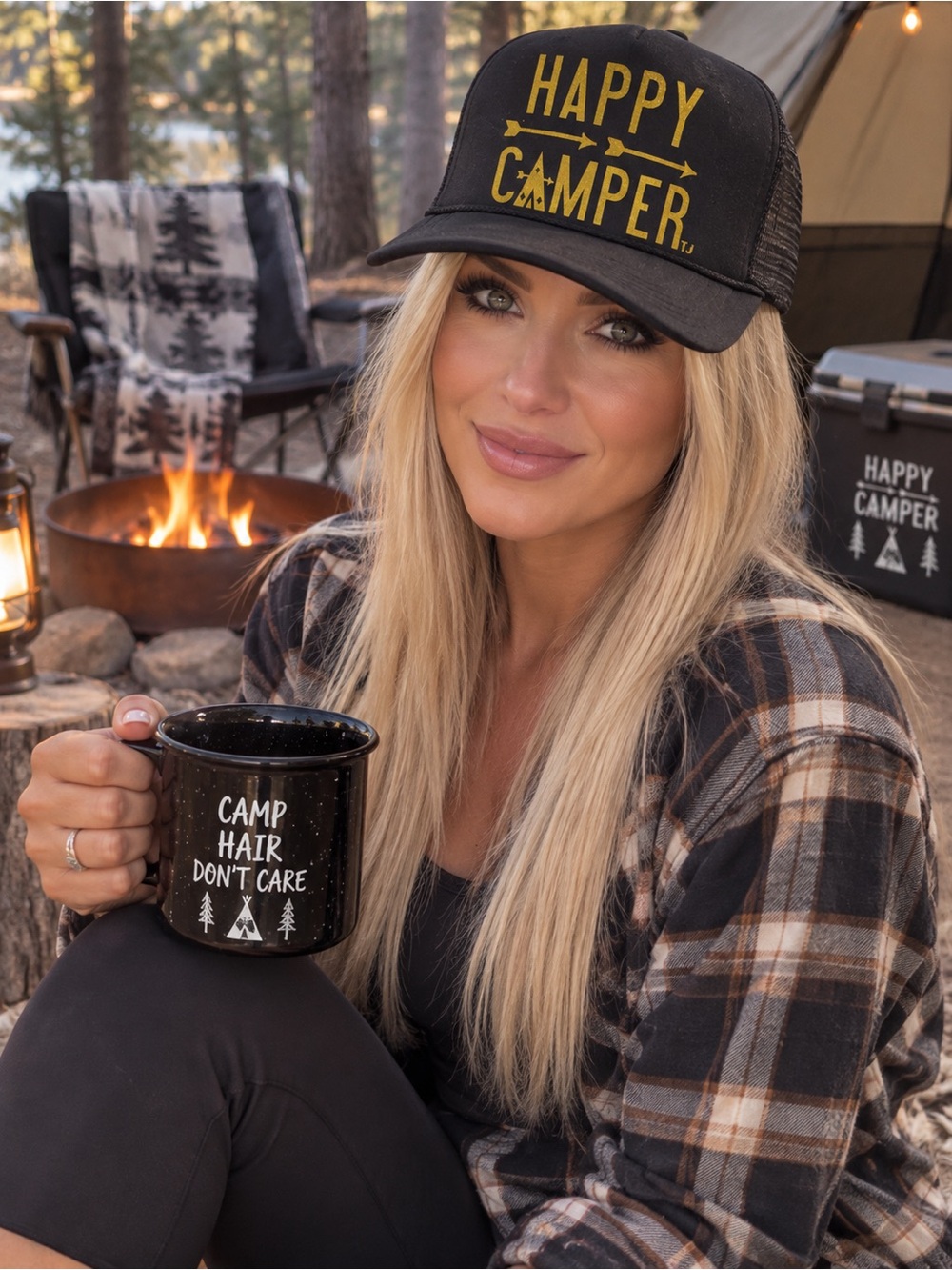 Happy Camper Black Trucker Hat with Gold Print